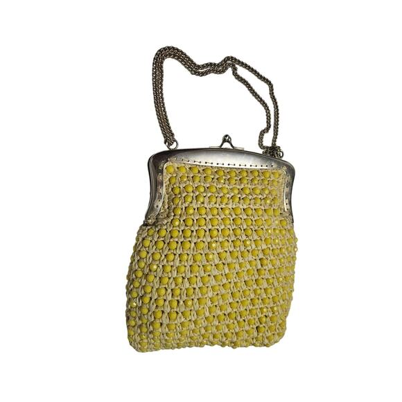 Vintage Retro Yellow Beaded Raffia Cross Body Chain Link Strap Bag Made in Italy - Picture 7 of 10